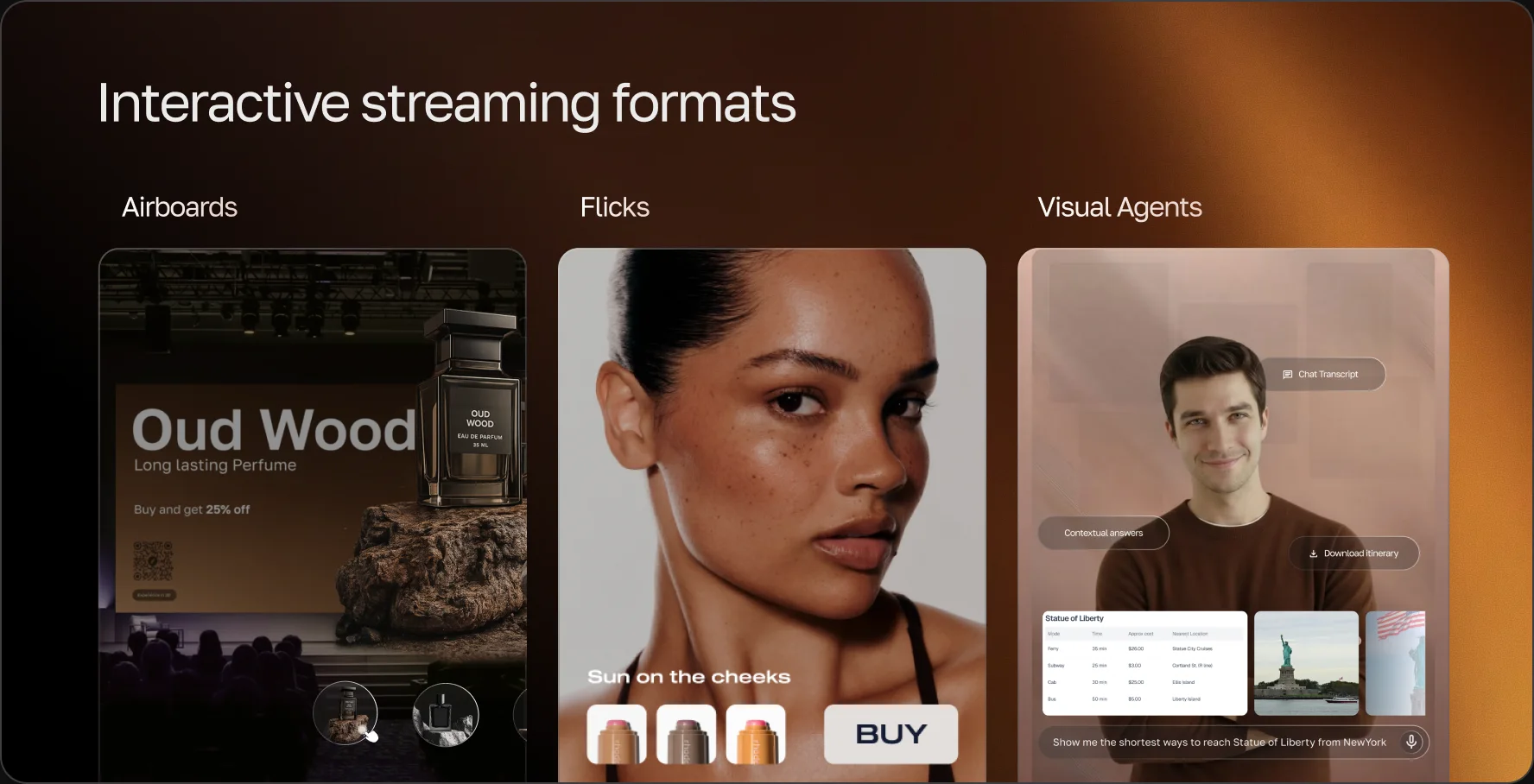 Flam's interactive streaming formats: Airboards, Flicks and Visual Agents